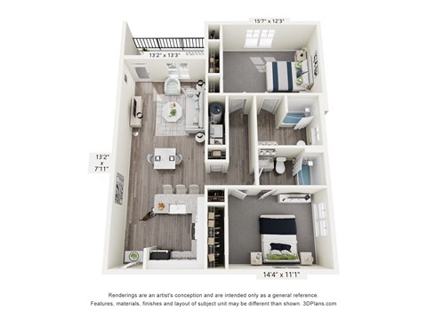 Floor plan for 2 beds, 2 baths, 1167 sqft